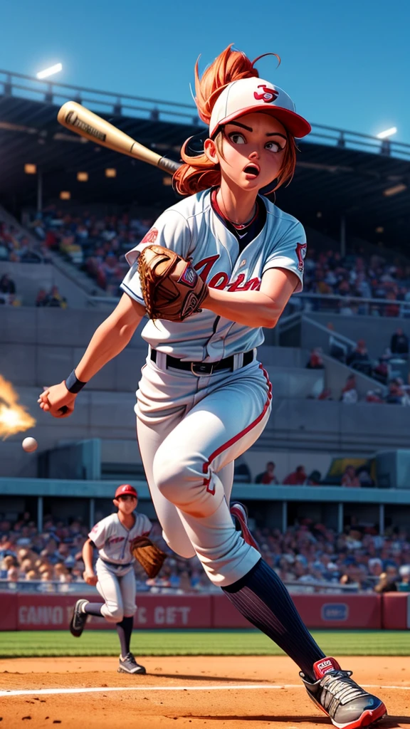 a powerful female baseball pitcher, throwing a blazing fastball, batter's perspective, detailed facial features, dynamic dramatic action, high-speed motion blur, sports stadium background, cinematic lighting, photorealistic, 8k, ultra detailed