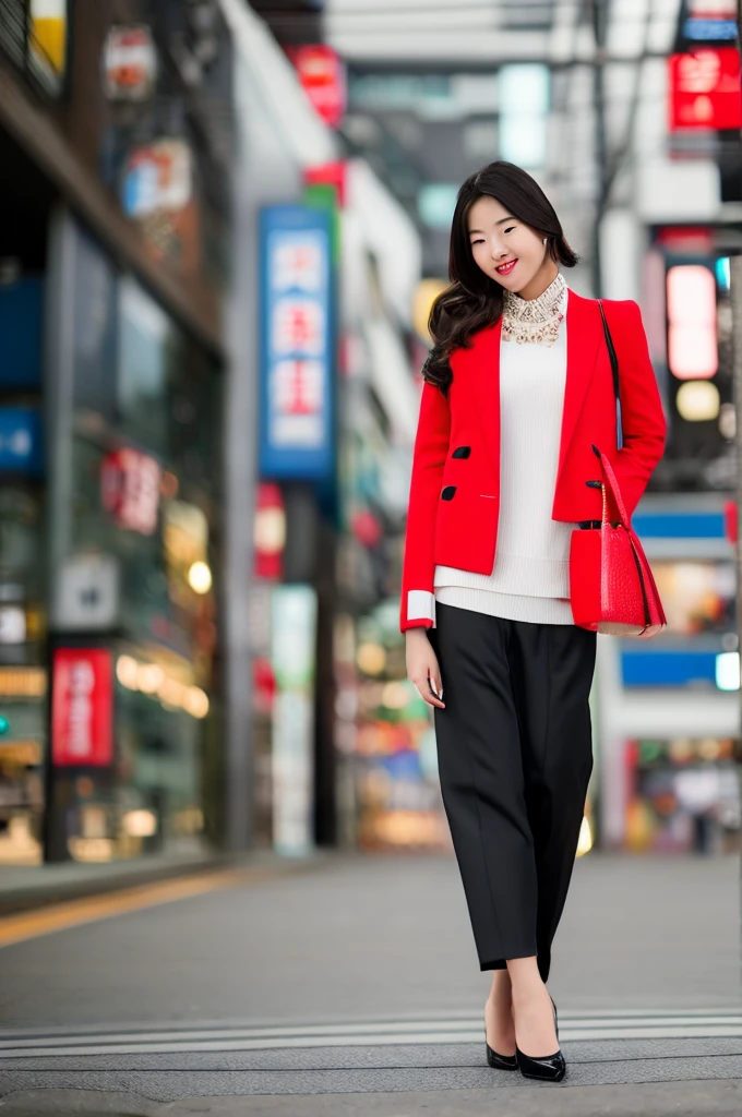 20 years old,Japanese women,Wear date attire,wear high heel shoes,Background is the street