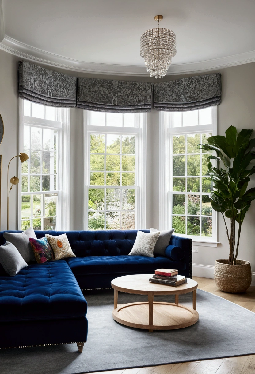 ((best quality)), ((masterpiece)), (detailed), (colorful), (Best quality,Ultra-detailed,Realistic:1.37), A modern living room with soft, neutral walls. A large navy velvet sofa with gray and silver cushions faces a light wood coffee table with a book and candle. Soft overhead lighting and a white wool rug create warmth. Large windows provide natural light and a view of a lush garden.