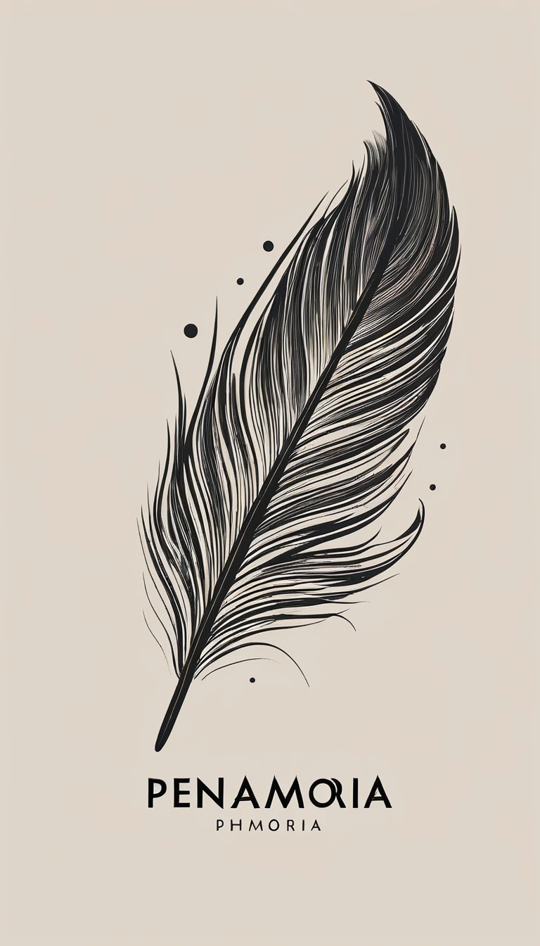 A minimal, modern, simple, cinematic logotype for the brand “Penamemoria". The logotype must be a simple, magical feather. The logo must convey a sense of music, stories and dreams. Logo design impressed on a book cover. Minimalistic logo