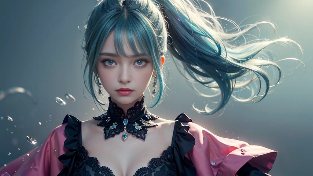 (masterpiece), (Highest quality), (Very detailed), (Disheveled Hair), (shape), (One Girl), (Fashionable clothes), Are standing, Fashion Model, Beholder, (interview), (Simple Background), Beautiful and beautiful eyes, Delicate and beautiful face, floating, (High chroma), (Colorful Splash), Colorful bubbles, (Shine), Focus on the face, ponytail, Light blue hair, bangs, Hair Ring, floating Flowers, floating Hairs, (The Shining), Best lighting, Best Shadow, Big, firm, swaying breasts