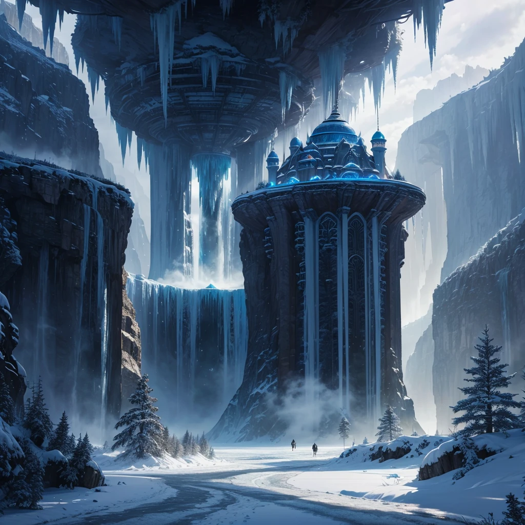 Mysterious Forest,Super huge cliff,Nature,Walking path,ice World,A world beyond imagination,Ice megastructure,Anime Art,Different world,Fantasy,Ice metropolis,Huge wooden building,romantic,Dream world,best scenery,Best Quality,8K,masterpiece,perfection