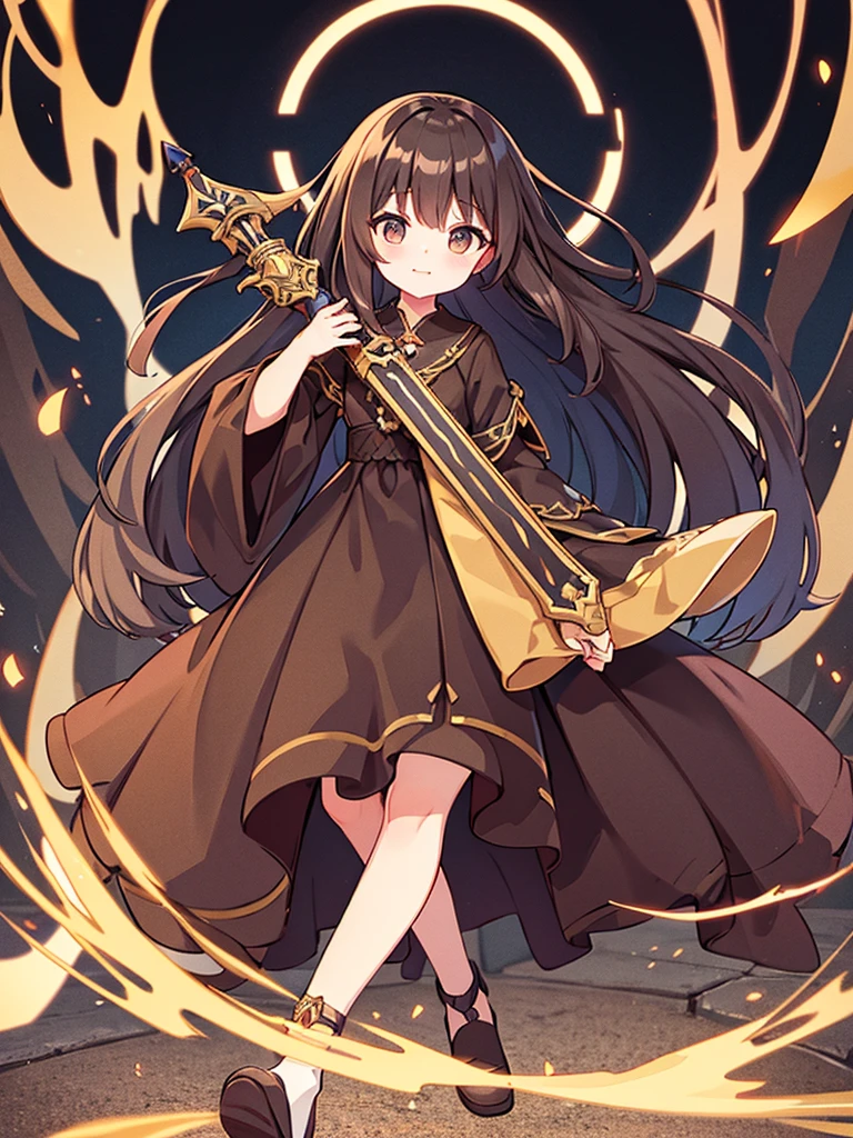 Full-body portrait、Holding a black sword、woman、、Brown Hair、Long Hair、Mischievous、Brown based dress