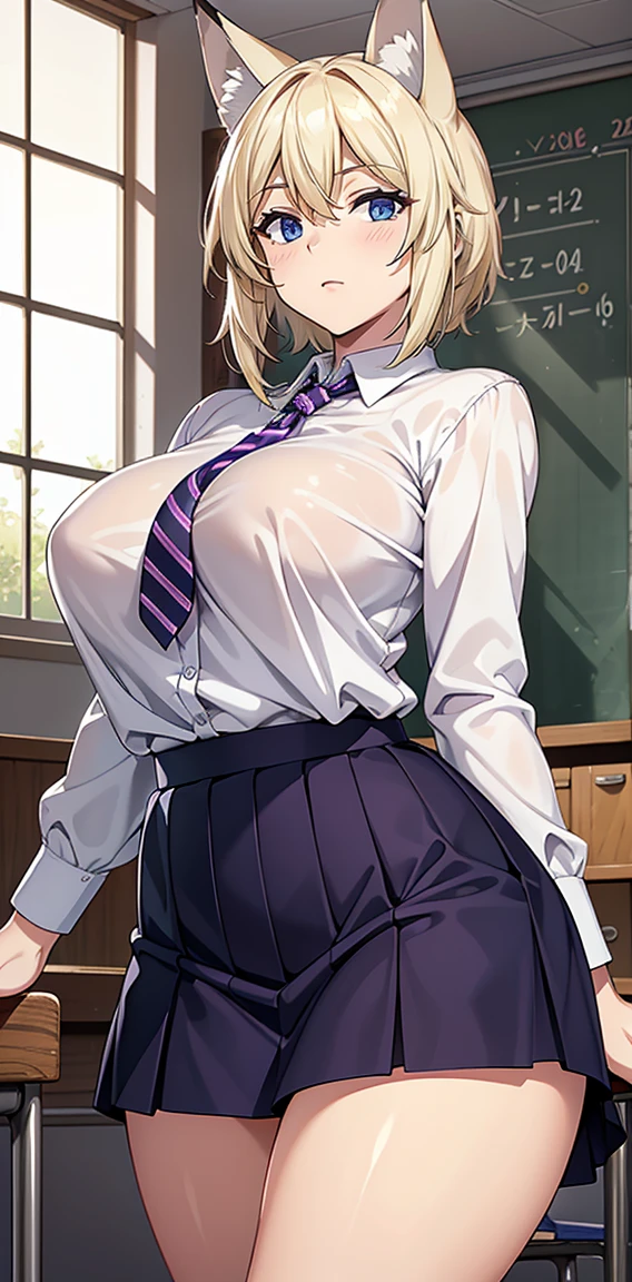 beautiful detail eyes, (realistic skin), beautiful skin,(masterpiece))), (((best quality))), ((ultra-detailed)), (highly detailed CG illustration), mature woman, big breast, medium blonde hair, wolf cut hair, Fox ears, violet eyes, large breast, curvy, shirt, skirt, mini skirt, Striped skirt, school_uniform, school, indoors, classroom 