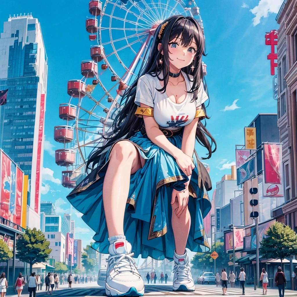 masterpiece Unreal Engine Anime Style Delicate painting 4K 90's giant crowd amusement park to amusement parkに立っている巨大な女の子 Ferris wheel ジェッtoコースター crowd スカーto Big Breasts White T-shirt Summer clothes Short sleeve Private Server sneakers White socks watch Black Hair smile blue sky cumulonimbus Contrail female giant giant girl Whole body Destroyed skyscrapers Destroyed cars Crowd Unreal Engine,cleavage ,a drawing of a , earrings, long hair, 1980s (style) Cute picture Beauty Analog style whole body sneakers