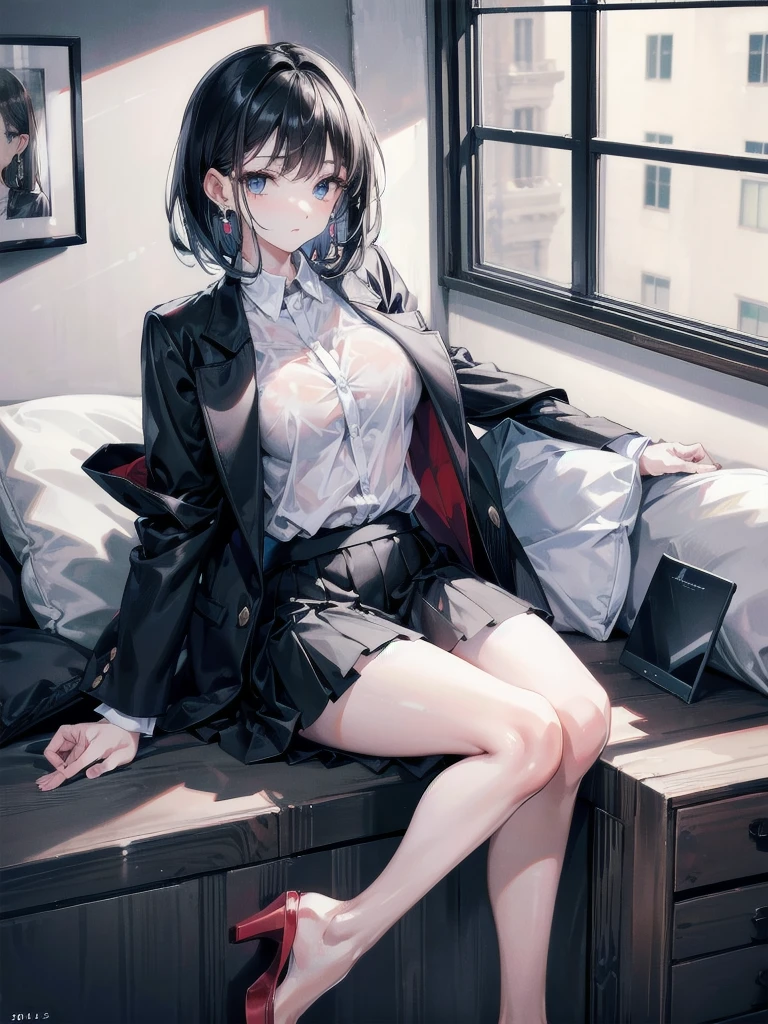 absurdres, RAW photo, extremely delicate and beautiful, masterpiece, Best Quality, ultra high resolution, 32k, hyperrealistic, ultra-detailed, perfect figure, Perfect Style, Perfect balance, in her 20s, very small head, very small face, delicate facial features, tearful mole, earring, very huge breasts, full body shot, bare legs, medium hair, black hair, (business suit), open jacket, (blouse), short skirt,