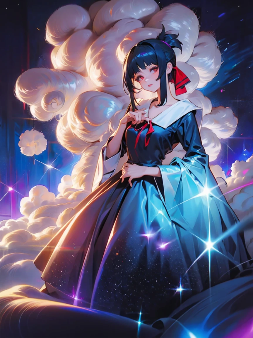 bioluminescent shiny glow, beautiful girl in flowing ballgown dress, galaxy style dress, galaxy glow, sparkling, ethereal, fluffy flowing hair, silky glistening iridescent raven hair, kaguya shinomiya, 4k, perfect illustration