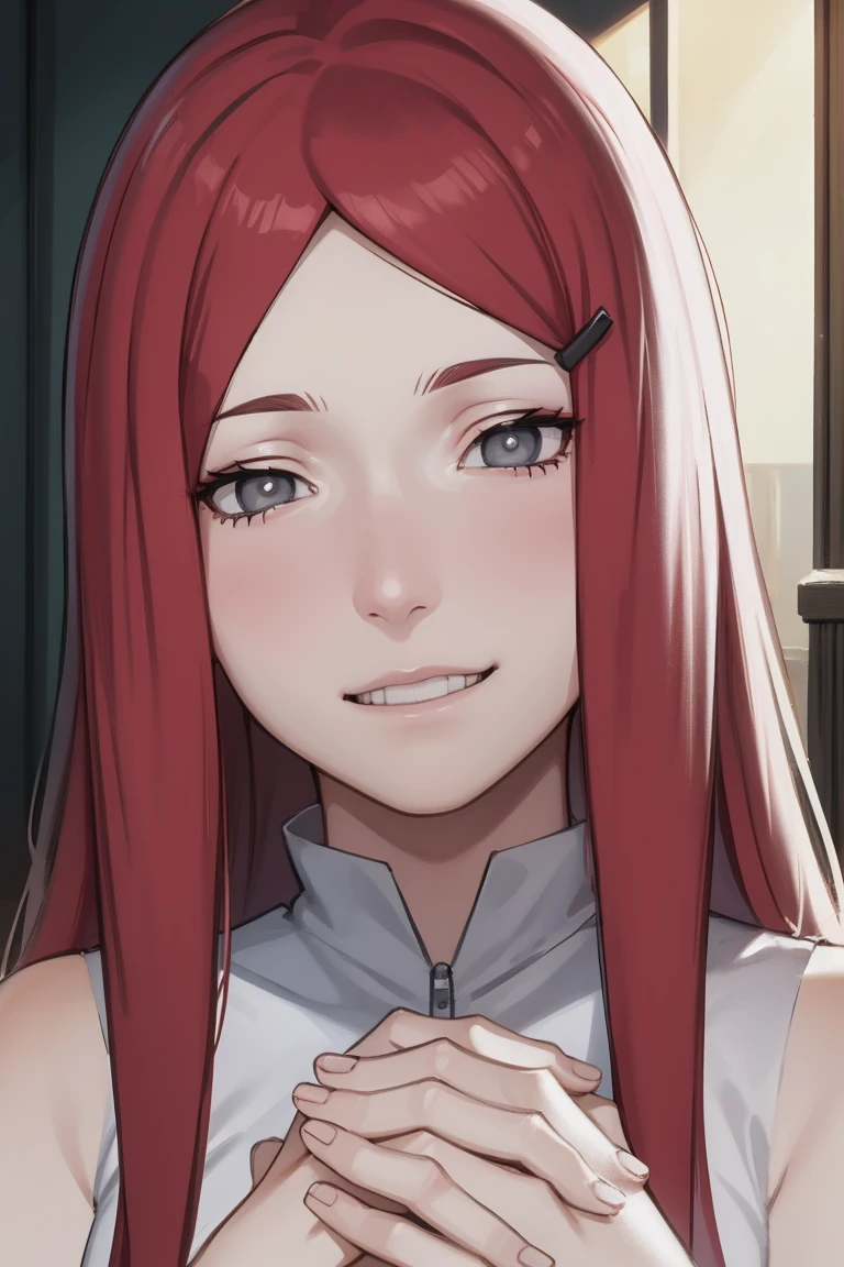 {-erro_de_anatomia:1.0} kushina, kushina, long hair, hair ornament, red hair, red head, hairclip, (grey eyes:1.5), full body, cowboy shot, BREAK indoors, BREAK (masterpiece:1.2), best quality, high resolution, unity 8k wallpaper, (illustration:0.8), (beautiful detailed eyes:1.6), extremely detailed face, perfect lighting, extremely detailed CG, (perfect hands, perfect anatomy), closing eyes in her smile, ((naked))