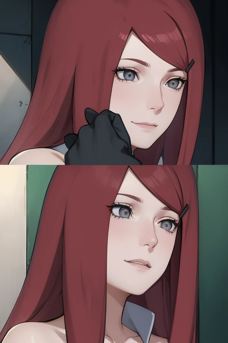 {-erro_de_anatomia:1.0} kushina, kushina, long hair, hair ornament, red hair, red head, hairclip, (grey eyes:1.5), full body, cowboy shot, BREAK indoors, BREAK (masterpiece:1.2), best quality, high resolution, unity 8k wallpaper, (illustration:0.8), (beautiful detailed eyes:1.6), extremely detailed face, perfect lighting, extremely detailed CG, (perfect hands, perfect anatomy), closing eyes in her smile, ((naked))
