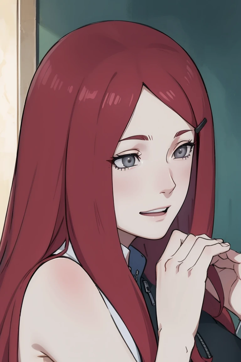 {-erro_de_anatomia:1.0} kushina, kushina, long hair, hair ornament, red hair, red head, hairclip, (grey eyes:1.5), full body, cowboy shot, BREAK indoors, BREAK (masterpiece:1.2), best quality, high resolution, unity 8k wallpaper, (illustration:0.8), (beautiful detailed eyes:1.6), extremely detailed face, perfect lighting, extremely detailed CG, (perfect hands, perfect anatomy), closing eyes in her smile, ((naked))