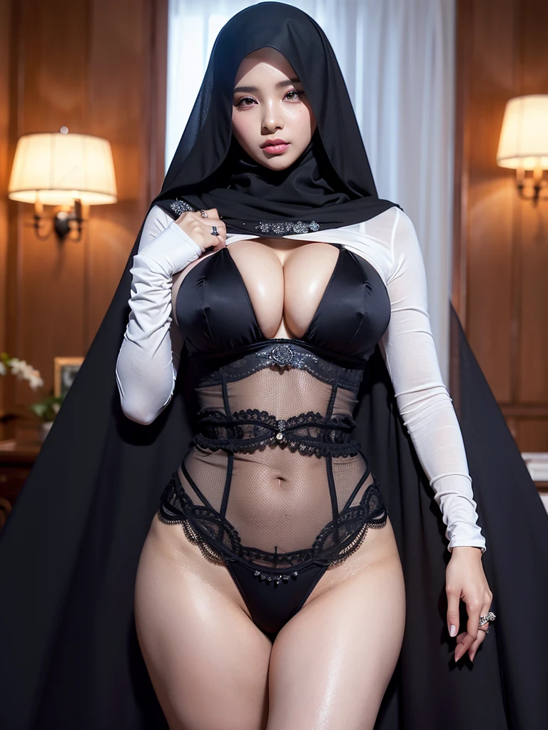 A oriental zexy goth nun using garter belt behind her nun clothes can see a sexy lingerie black, this nun has tattoos, big Butt and big tits.