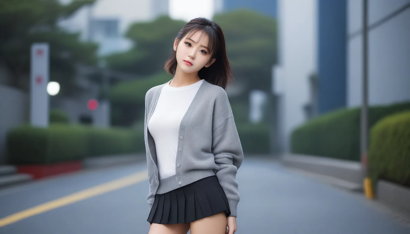 8K, Ultra-high resolution, Highest quality, masterpiece, 三分割法によるphotograph,Surreal, photograph, 1 Girl, (16 years old:1.3), pretty girl, Cute face, Beautiful eyes in every detail, 細かくdetailedに,masterpiece,One Girl:1.2, Japan Female Announcer,whole body,from below,Fearful expression,Black Hair,Messy hair,Cyber city of the near future,Wearing a cardigan sweater on your back、A girl alone in the middle of the road, Grey knee-length skirt, White knee-high socks and black shoes,Beautiful leg line beauty,Realistic Skin, Perfect and beautiful face ,完璧でCute face, Skin with attention to detail, Perfect limbs、Narrow waist、Thin legs),Looking at the audience、beauty,Long neck、(((Ideal body type))),A cup small breasts :2,Portraiture:2,Perfect Anatomy,鮮明なdetailed,detailed,Surreal,Light and shadow,darkness