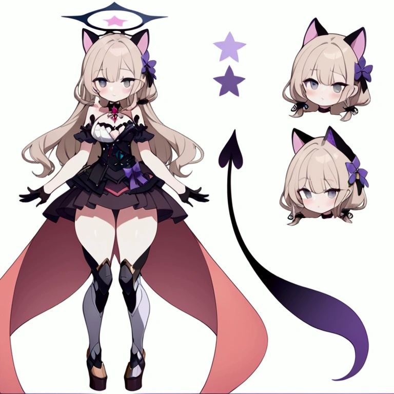 woman 170 cm tall. medium chest, wide hip, slim build, ((whole body)). (((character design sheet: front view))). (dark blonde hair, (hip-length wavy hair with asymmetrical bangs), (She has a short braid tied with an elegant purple bow on the left side of her hair above her chest). (She has a short braid tied with an elegant purple bow on the right side of her hair above her chest). She has small ribbons in the back of her hair..). ((Gray eyes with a pink 4-pointed star in the pupil.)). Two black and purple serval ears located on the top of the head. (Luminous black halo with purple star patterns above his head). He has a black collar with a heart emblem on his neck.. (Elegant one-piece long dress with lace and ruffle thigh-high skirt, ribbon decorations and star patterns on the dress). black gloves, beautiful black platform heels. gray belt at the waist with a large ribbon with a luminous pink heart in the middle. (It has a beautiful succubus tail with a small purple star on the tip.). ((It has complex mechanical legs that reach up to the thighs and are black with small purple details..)). beautiful detailed hair, beautiful detailed dress. extremely detailed arms. extremely detailed face, small face, Beautiful detailed eyes, beautiful detailed lips. adorable. extremely detailed legs. (Best Quality, 4k, high resolution), ultra detailed, Exquisite and epic character art., ((White background)). (Focus on symmetry).