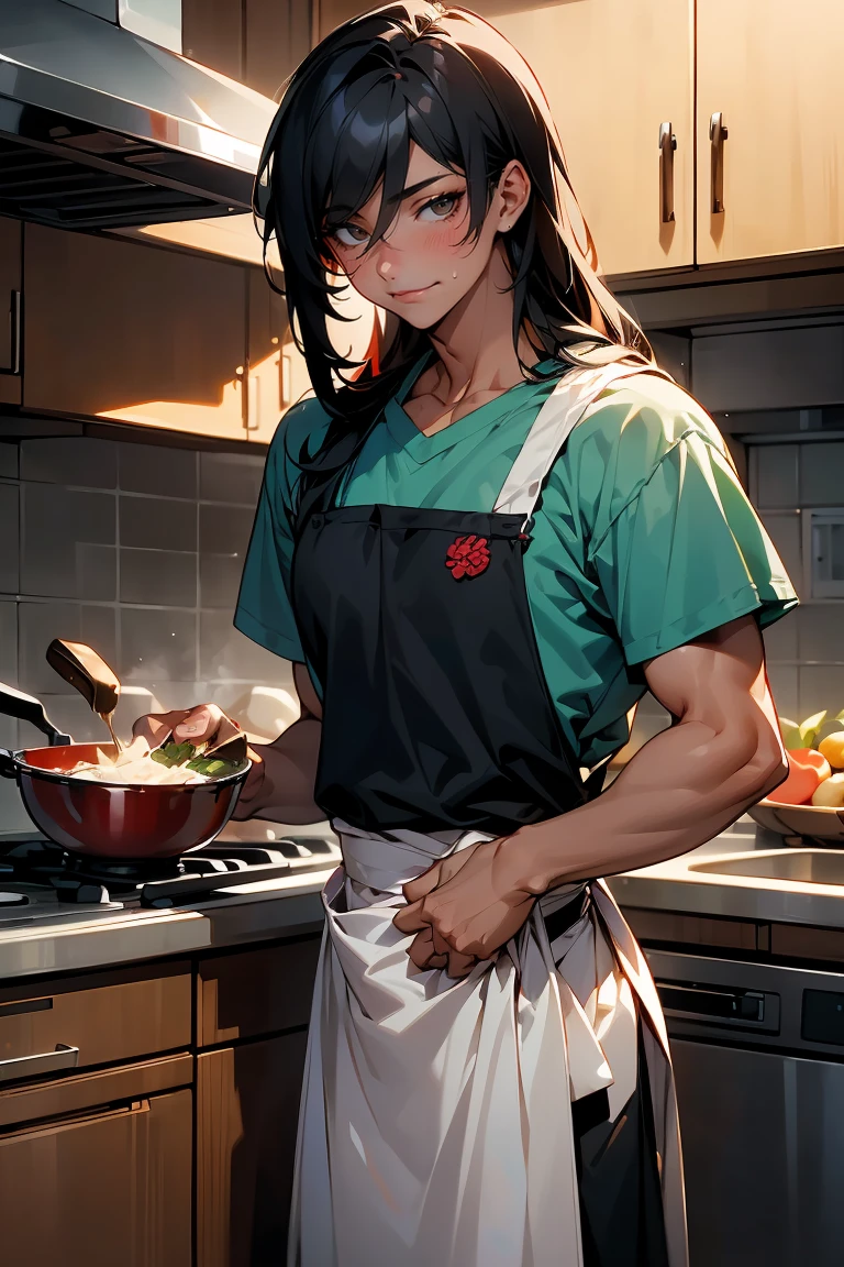 male character, young adult, fit lean body, muscular, himbo, tan skin, bubbly personality, long hair black hair with red strands, on a kitchen, cooking something, bishonen, celshaded, bright and warm colors, homey vibe, casual clothes with apron on