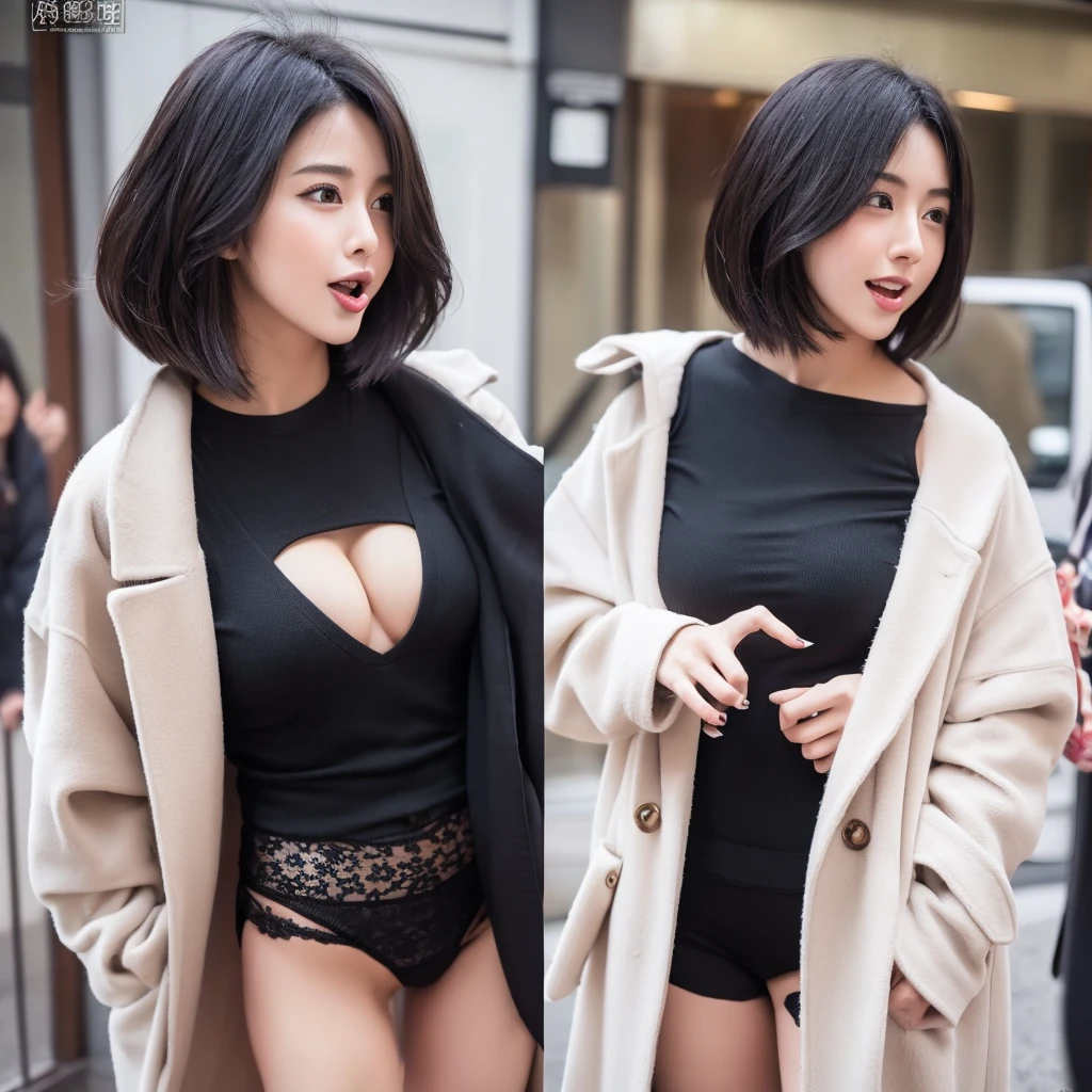 Japanese　Long coat　Underwear Black　Sexy Top Quality Tongue Out　short hair　Black Hair　In town