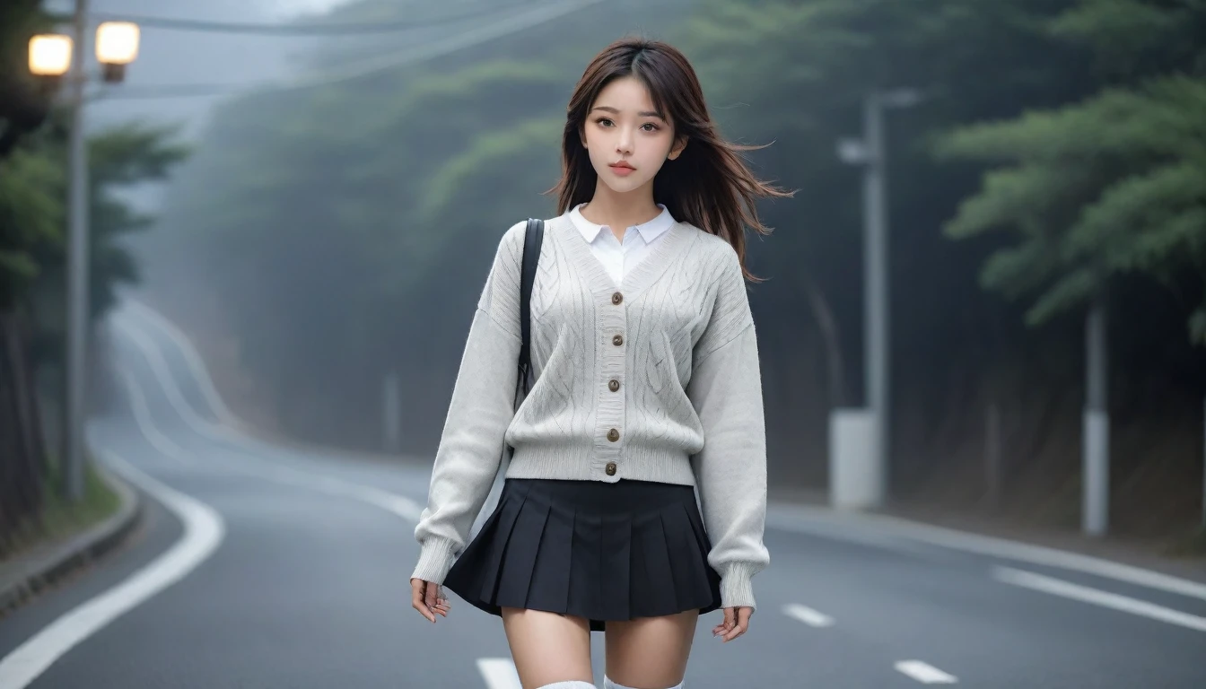 8K, Ultra-high resolution, Highest quality, masterpiece, 三分割法によるphotograph,Surreal, photograph, 1 Girl, (16 years old:1.3), pretty girl, Cute face, Beautiful eyes in every detail, 細かくdetailedに,masterpiece,One Girl:1.2, Japan Female Announcer,whole body,from below,Fearful expression,Black Hair,Messy hair,Cyber city of the near future,Wearing a cardigan sweater on your back、A girl alone in the middle of the road, Grey knee-length skirt, White knee-high socks and black shoes,Beautiful leg line beauty,Realistic Skin, Perfect and beautiful face ,完璧でCute face, Skin with attention to detail, Perfect limbs、Narrow waist、Thin legs),Looking at the audience、beauty,Long neck、(((Ideal body type))),A cup small breasts :2,Portraiture:2,Perfect Anatomy,鮮明なdetailed,detailed,Surreal,Light and shadow,darkness