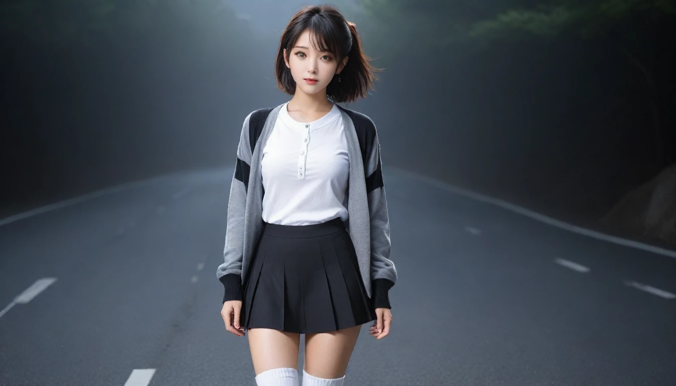 8K, Ultra-high resolution, Highest quality, masterpiece, 三分割法によるphotograph,Surreal, photograph, 1 Girl, (:1.3), pretty girl, Cute face, Beautiful eyes in every detail, 細かくdetailedに,masterpiece,One Girl:1.2, Japan Female Announcer,whole body,from below,Fearful expression,Black Hair,Messy hair,Cyber city of the near future,Wearing a cardigan sweater on your back、A girl alone in the middle of the road, Grey knee-length skirt, White knee-high socks and black shoes,Beautiful leg line beauty,Realistic Skin, Perfect and beautiful face ,完璧でCute face, Skin with attention to detail, Perfect limbs、Narrow waist、Thin legs),Looking at the audience、beauty,Long neck、(((Ideal body type))),A cup small breasts :2,Portraiture:2,Perfect Anatomy,鮮明なdetailed,detailed,Surreal,Light and shadow,darkness