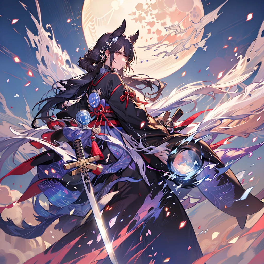 (White heir Shot heir Whole body)
((Japanese SAMURAI Girl))
((Japanese Sword))
Death Clothes Dress 
Bule Doragon
Shiny earrings　Bathed in light  
((Dark side Sad and Insanity faice ))
Shadow Aura  Confetti　Particles of light  
(((Big Fullmoon )))
Catch the wind Light