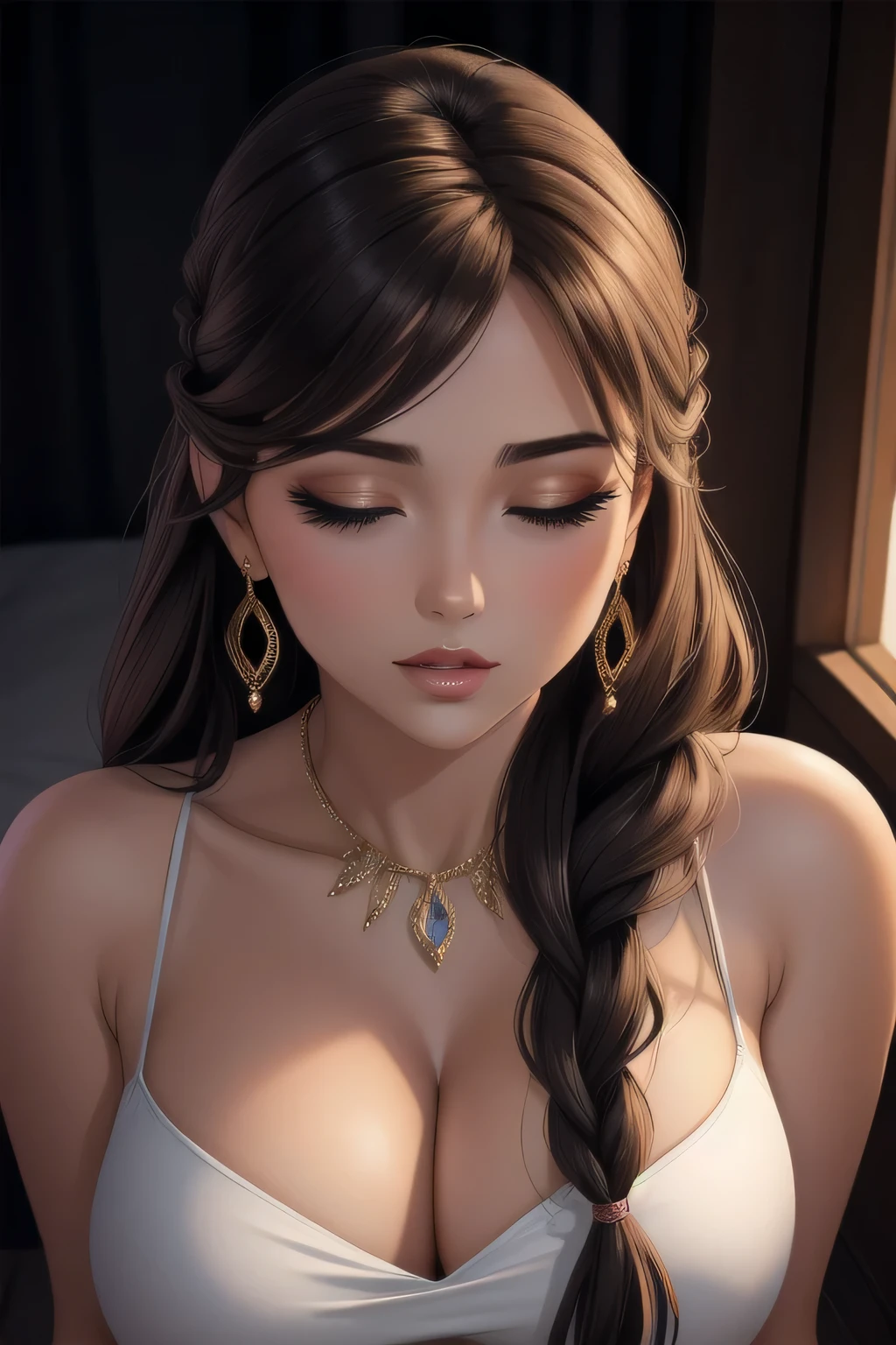 (best quality,highres),sexy woman with thick, braided hair, lustful gaze, and sultry pose, emphasizing her intense sensuality. Her face has beautifully defined features, including long eyelashes and plump lips. Her medium-sized chest is accentuated by a revealing crop top, drawing attention to her alluring cleavage. Her hands rest confidently on her curvy hips, exuding a sense of power and allure. She is dressed in a fashionable miniskirt, adding to her seductive appeal. The image captures her irresistible confidence and magnetism.
For the background, a dimly lit, atmospheric setting amplifies the woman's enchanting presence. Soft, warm lighting casts an inviting glow on her feminine silhouette. The color palette consists of rich, deep shades, accentuating her captivating beauty. The image exudes a seductive and glamorous aura, capturing the viewer's attention and leaving a lasting impression.
Medium: Photorealistic portraits
Additional details: Smoky eye makeup, perfectly manicured nails, high heels, striking accessories such as statement earrings or a delicate necklace.