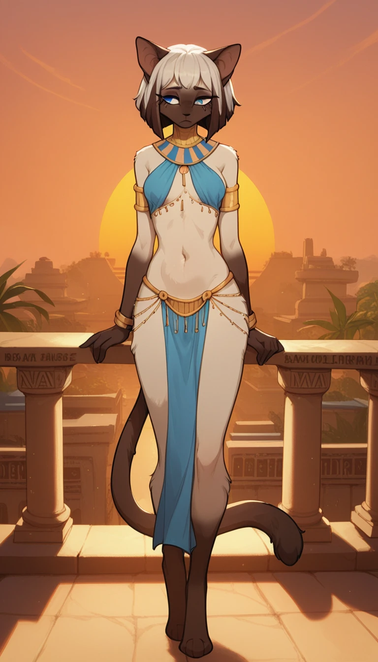 tired expression, 1girl, anthro, furry, fur, fluffy fur, siamese cat, cat girl, white hair (brown highlights), blue eyes, short hair, full body, (19 years), medium breast, thighs, solo, (egyptian temple), sunset, half-closed eyes, detailed, blues belly dancer outfit, blue loincloth, depressed, sad, sunset, standing, score_9, score_8_up, score_7_up, score_6_up, score_5_up, score_4_up
