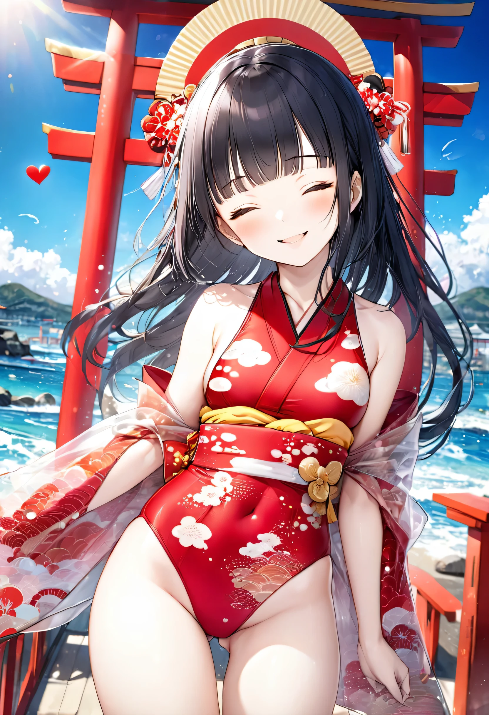 (pov kimono style swimsuit) (beautiful body), (solo:2, 15 yo, blunt bangs:1.3 black hair long hair sexy shrine girl, sexy closed eyes, happy smile), (in a japanese modern:1.3 shrine swimsuit, wabisabi:1.3, white and red), break, in the Swimsuit contest venue, background Double Exposure beautiful ocean, BREAK, perfect anatomy, masterpiece, best quality, 16k, beautiful detailed love, sexy, daydreaming expression.