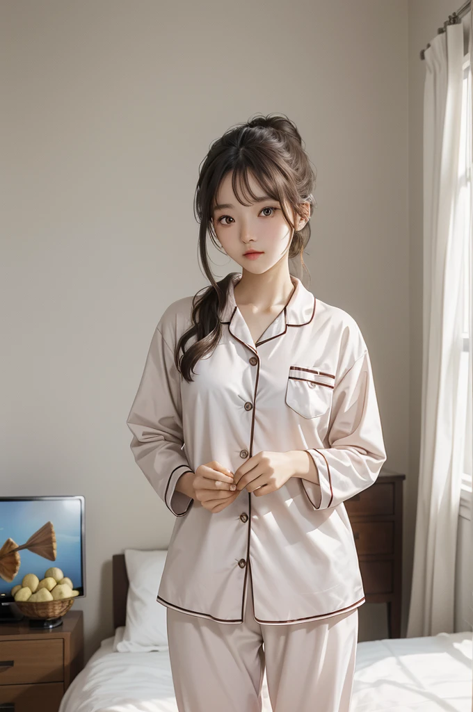 21 years old, girl alone, nice face, perfect, beautiful, natural clean face, watching smart-TV, her: standing next to the bed, complete pajamas, bag of potatoes in her hands, illuminated room, attention to details, sharpness , RAW quality.