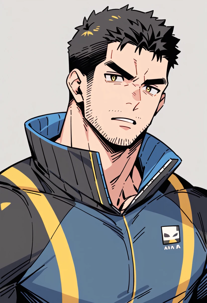 anime characters：Chris Redfield, Muscle Sports Student, Buzz Cut, Manliness, male focus, Dark black Yellow high collar long sleeve tight T-shirt, Very tight, full and perky chest muscles, muscular male, muscular, only, Upper body, alone, Black short hair, Thick eyebrows, stubble, Brown-red pupils, Grey background, simple background, amazing quality, best aesthetics, Ridiculous, parted lips, v-shaped eyebrows, scowl, disdain, best quality