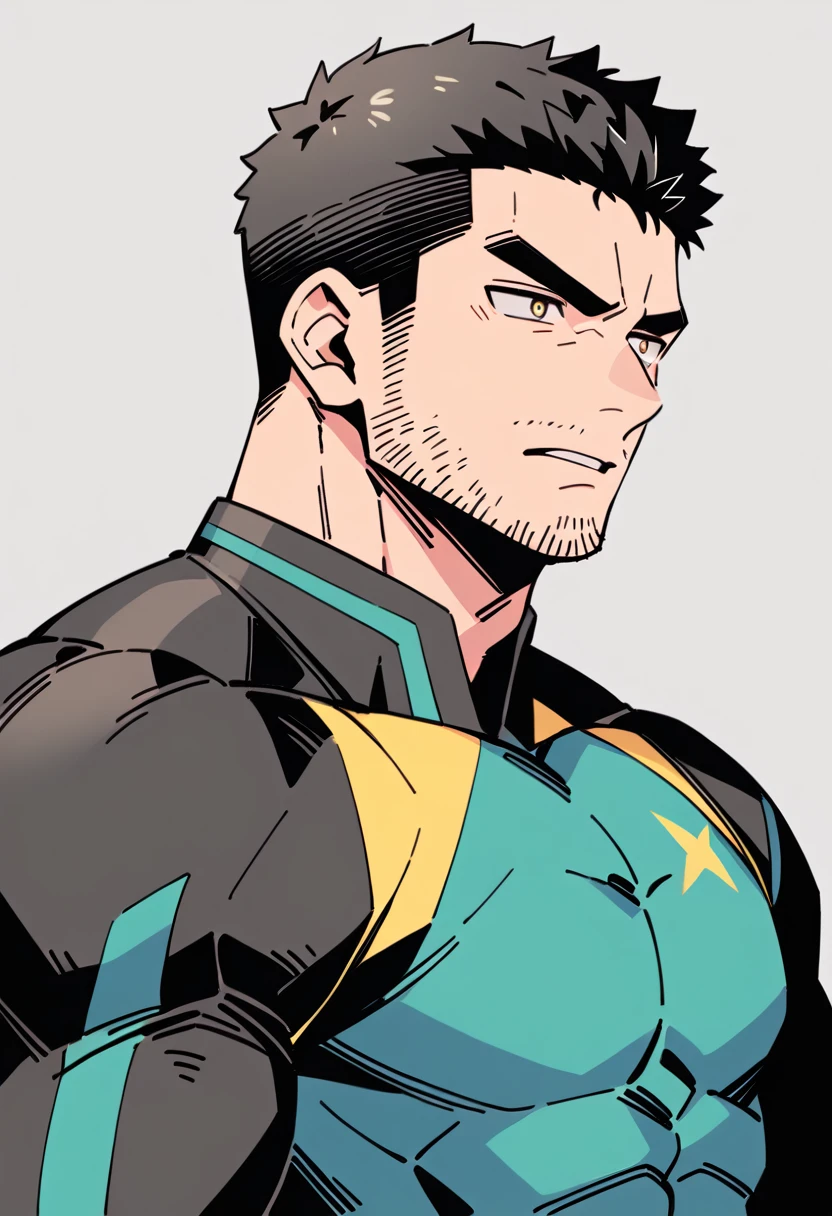 anime characters：Chris Redfield, Muscle Sports Student, Buzz Cut, Manliness, male focus, Dark black Yellow high collar long sleeve tight T-shirt, Very tight, full and perky chest muscles, muscular male, muscular, only, Upper body, alone, Black short hair, Thick eyebrows, stubble, Brown-red pupils, Grey background, simple background, amazing quality, best aesthetics, Ridiculous, parted lips, v-shaped eyebrows, scowl, disdain, best quality
