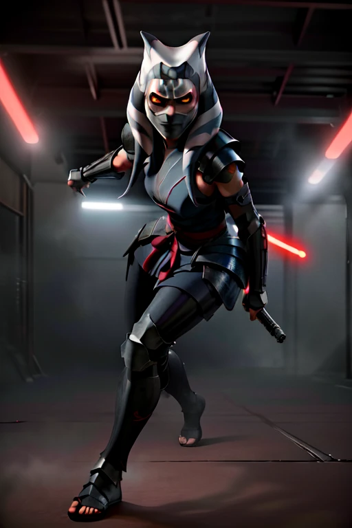(masterpiece), (best quality)((full body))(masterpiece), (best quality), perfect face ahsoka tano, young, ((ninja mask armor)), , dark ahsoka, sith, red lightsaber, evil face, dark veins , ((ninja mask armor))
