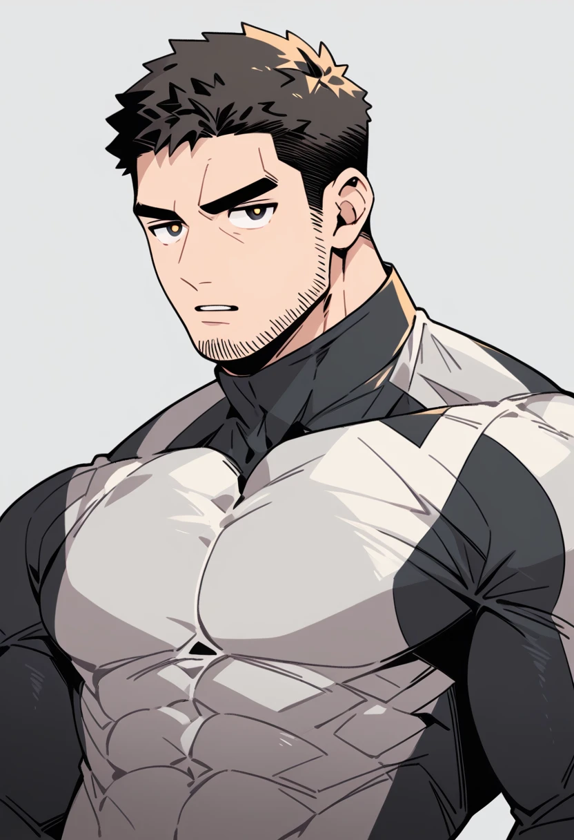 anime characters：Chris Redfield, Muscle Sports Student, Buzz Cut, Manliness, male focus, Dark black Yellow high collar long sleeve tight T-shirt, Very tight, full and perky chest muscles, muscular male, muscular, only, Upper body, alone, Black short hair, Thick eyebrows, stubble, Brown-red pupils, Grey background, simple background, amazing quality, best aesthetics, Ridiculous, parted lips, v-shaped eyebrows, jitome, best quality