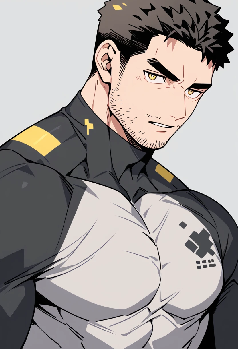 anime characters:Chris Redfield, Muscle Sports Student, Buzz Cut, Manliness, male focus, Dark black Yellow high collar long sleeve tight T-shirt, Very tight, full and perky chest muscles, muscular male, muscular, only, Upper body, alone, Black short hair, Thick eyebrows, stubble, Brown-red pupils, Grey background, simple background, amazing quality, best aesthetics, Ridiculous, parted lips, v-shaped eyebrows, jitome, best quality