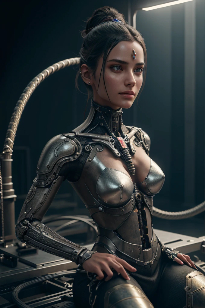 1mechanical girl,((ultra realistic details)), portrait, global illumination, shadows, octane render, 8k, ultra sharp,metal,intricate, ornaments detailed, cold colors, egypician detail, highly intricate details, realistic light, trending on cgsociety, glowing eyes, facing camera, neon details, machanical limbs,blood vessels connected to tubes,mechanical vertebra attaching to back,mechanical cervial attaching to neck,sitting,wires and cables connecting to head