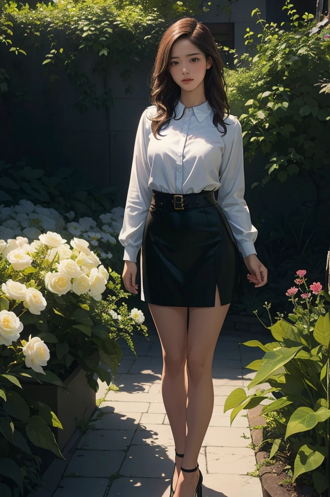 1girl, long blonde hair, beautiful detailed eyes, blue eyes, beautiful detailed lips, smile, wearing white long sleeve shirt, black skirt, black heels, standing, flower garden, (best quality,8k,highres,masterpiece:1.2),ultra-detailed,(realistic,photorealistic,photo-realistic:1.37),HDR,vivid colors,natural lighting,cinematic mood,fantasy,soft lighting