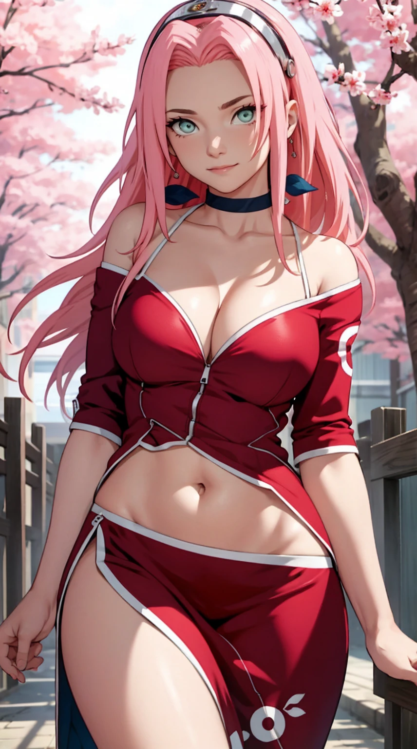 tmasterpiece, Best quality at best, 1girll, Sakura Haruno, Large breasts,Off-the-shoulder attire,(cleavage),(upperbody closeup),Raised sexy,is shy,ssmile,with pink hair, long whitr hair, (Green eyeballs:1.4), Forehead protection, the cherry trees,Cherry blossoms flying,Red clothes,Zipper pulled down far, navel, very deep cleavage, revealing clothes, breasts mostly visible,