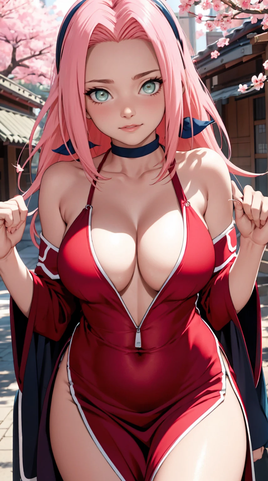tmasterpiece, Best quality at best, 1girll, Sakura Haruno, Large breasts,Off-the-shoulder attire,(cleavage),(upperbody closeup),Raised sexy,is shy,ssmile,with pink hair, long whitr hair, (Green eyeballs:1.4), Forehead protection, the cherry trees,Cherry blossoms flying,Red clothes,Zipper pulled down far, navel, very deep cleavage, revealing clothes, breasts mostly visible,
