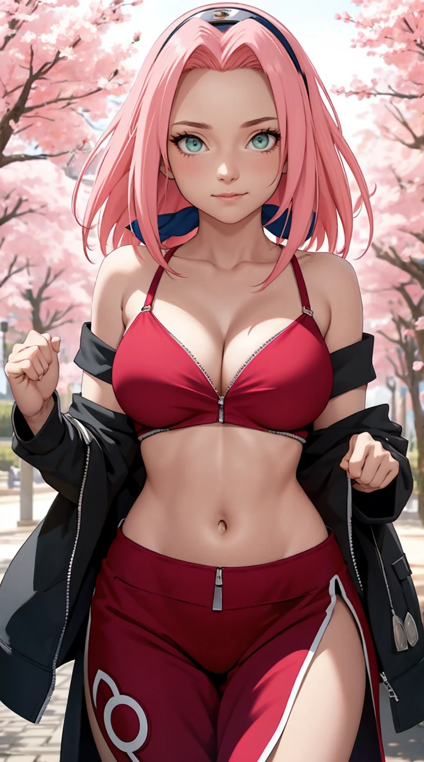 tmasterpiece, Best quality at best, 1girll, Sakura Haruno, Large breasts,Off-the-shoulder attire,(cleavage),(upperbody closeup),Raised sexy,is shy,ssmile,with pink hair, long whitr hair, (Green eyeballs:1.4), Forehead protection, the cherry trees,Cherry blossoms flying,Red clothes,Zipper pulled down far, navel, very deep cleavage, revealing clothes, breasts mostly visible,