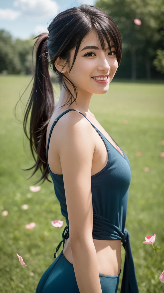 masterpiece, Realistic, hyperRealistic, Highest quality, Rinoa, ponytail, Black Hair, front,looking at the camera,high school student, Swimwear, Frills, Upper Body, From the side, (smile), Wind, RAW Photos, delicate, (Intricate details:1.3), Hyper Detail, In detail, colorful, Dark Shadows, One girl, alone, 8K Ultra HD, Film Grain, (photoRealistic:1.3), (Detailed skin:1.2), Beautiful attention to detail, Skin Texture, Light of the sun, grassland, Flowers, (Petals in the sky, Falling petals,)