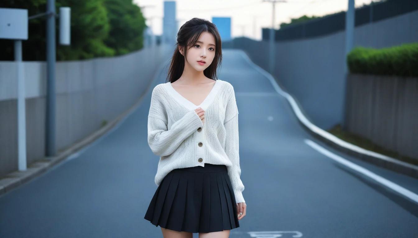 8K, Ultra-high resolution, Highest quality, masterpiece, 三分割法によるphotograph,Surreal, photograph, 1 Girl, (16 years old:1.3), pretty girl, Cute face, Beautiful eyes in every detail, 細かくdetailedに,masterpiece,One Girl:1.2, Japan Female Announcer,whole body,from below,Fearful expression,Black Hair,Messy hair,Cyber city of the near future,Wearing a cardigan sweater on your back、A girl alone in the middle of the road, Grey knee-length skirt, White knee-high socks and black shoes,Beautiful leg line beauty,Realistic Skin, Perfect and beautiful face ,完璧でCute face, Skin with attention to detail, Perfect limbs、Narrow waist、Thin legs),Looking at the audience、beauty,Long neck、(((Ideal body type))),A cup small breasts :2,Portraiture:2,Perfect Anatomy,鮮明なdetailed,detailed,Surreal,Light and shadow,darkness
