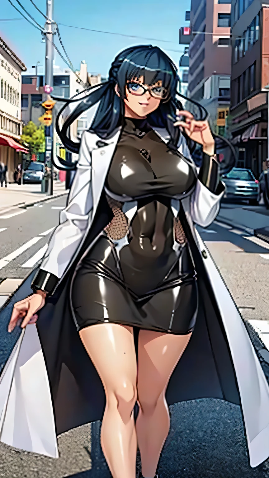 masterpiece, best quality, ultra-detailed, kawaii, cute, lovely, sexy, ero, extremely detailed, 4K, 8K, best quality, beautiful, anime style, extremely detailed game CG, full body, city, town, a cute girl, 1girl, solo, coat, beautiful black hair, beautiful light blue eyes, beautiful eyes, white-skinned, mesh, buttocks, large breast, headphone, glasses, light smile