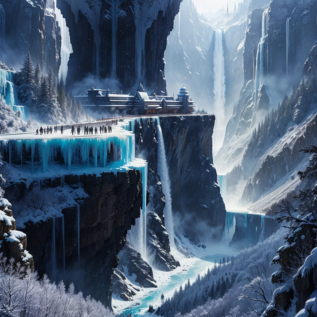 Mysterious Forest,Super huge cliff,Nature,Walking path,Huge waterfall,ice World,A world beyond imagination,Ice megastructure,Anime Art,Different world,Fantasy,Ice metropolis,Huge wooden building,romantic,Dream world,best scenery,Best Quality,8K,masterpiece,perfection