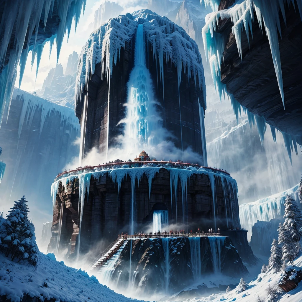 Mysterious Forest,Super huge cliff,Nature,Walking path,Huge waterfall,ice World,A world beyond imagination,Ice megastructure,Anime Art,Different world,Fantasy,Ice metropolis,Huge wooden building,romantic,Dream world,best scenery,Best Quality,8K,masterpiece,perfection