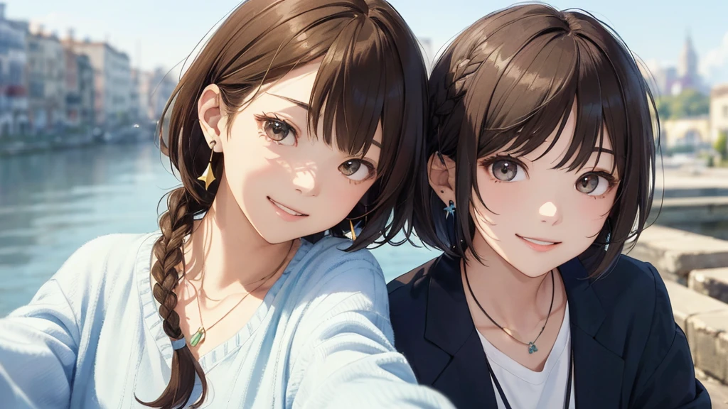 The background is the city、Skyscraper、Night view(Highest quality、masterpiece、High resolution)、(Sargent-style watercolor)、(Anime Art)、、((Right beside、Female Profile、))、(Detailed depiction of a beautiful face)、Suit jacket、A kind smile、Medium Short Hair、Brown Hair、Braiding、、
information(Highest quality:1.2)、Very detailed、High resolution、masterpiece:1,2、Bright colors、Bokeh、Professional Lighting、Physically Based Rendering、Flat Color:0.8、Great illustrations、Realistic:1.37、Makoto Shinkai style、Name Style、Light Brown Hair、Elegant update、Short Bob、young woman、Laugh together、Dynamic poselip、cheek(Dark Brown Hair/)bangs、cheek(direction)、(最高masterpiece1.2)繊細なイラストVery detailed、Breaking the Blue Sky、Detailed Background、20-year-old female、、A shy smile、Through clenched teeth、Through clenched teeth、lip、cheek(Flat Color: 0.8)、(masterpiece: 1,2)、(masterpiece: 1,2)、High resolution、超High resolution、Highest quality、High resolution、Ultra-thin illustration、Makoto Shinkai style、Your name is style、Long Hair、Short Bob、necklace、Earrings、Dynamic pose、Selfie、whole body、Brown Hair、Braiding、Hair Bun、ponytail・Hair Bunスタイル、necklace、Valletta、ribbon、Earrings・アニキュア,。