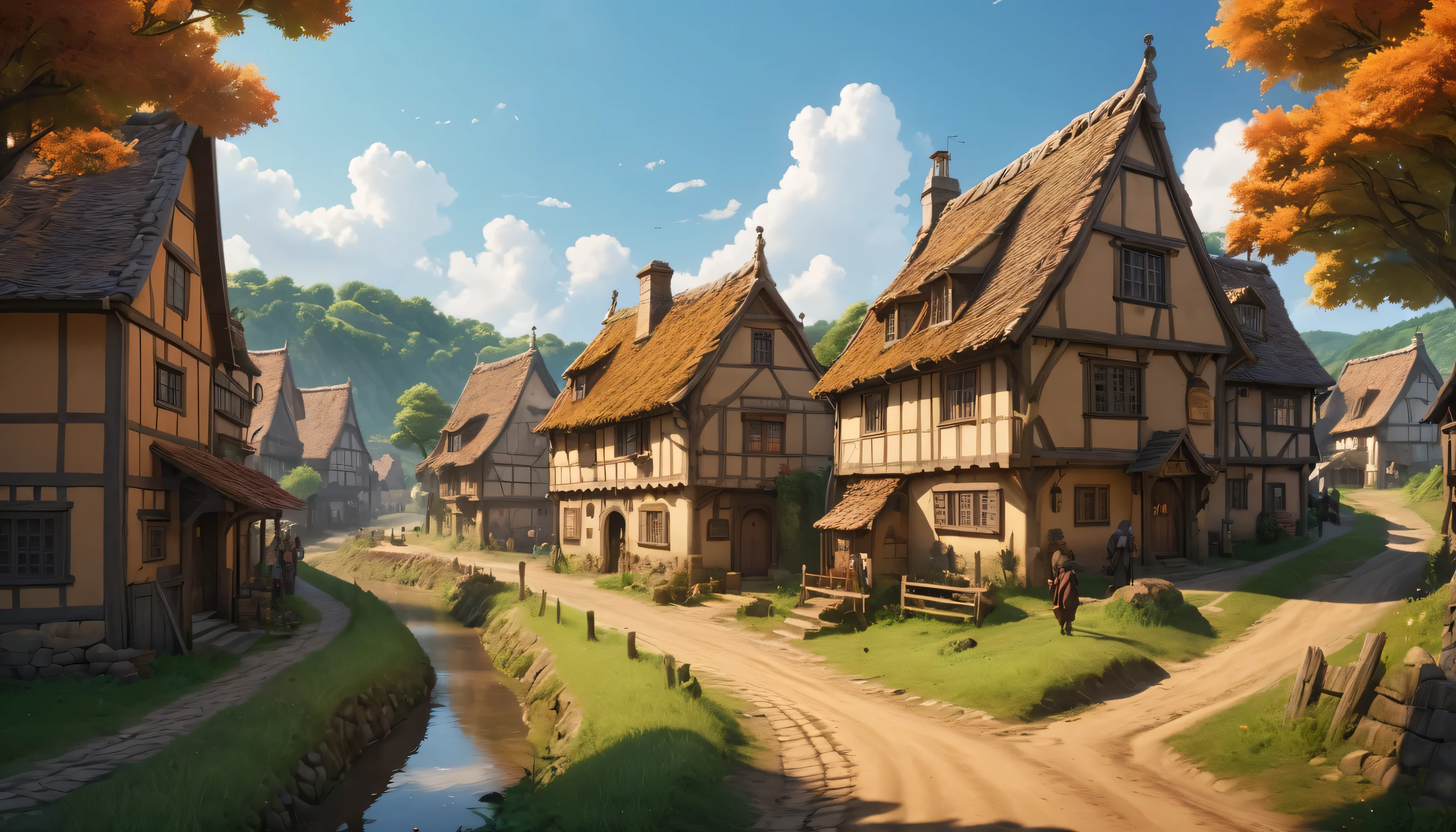 (anime, fantasy, village), (detailed CG unity 8k wallpaper, masterpiece, best quality, ultra-detailed, HDR:1.2), vibrant colors, intricate, high FXAA, medieval village, cluster of houses, oak house, narrow dirt road, people walking, small trees, river, wide angle shot, warm mood, cinematic composition, dynamic lighting