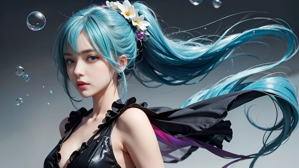 (masterpiece), (Highest quality), (Very detailed), (Disheveled Hair), (shape), (One Girl), (Fashionable clothes), Are standing, Fashion Model, Beholder, (interview), (Simple Background), Beautiful and beautiful eyes, Delicate and beautiful face, floating, (High chroma), (Colorful Splash), Colorful bubbles, (Shine), Focus on the face, ponytail, Light blue hair, bangs, Hair Ring, floating Flowers, floating Hairs, (The Shining), Best lighting, Best Shadow, Big, firm, swaying breasts
