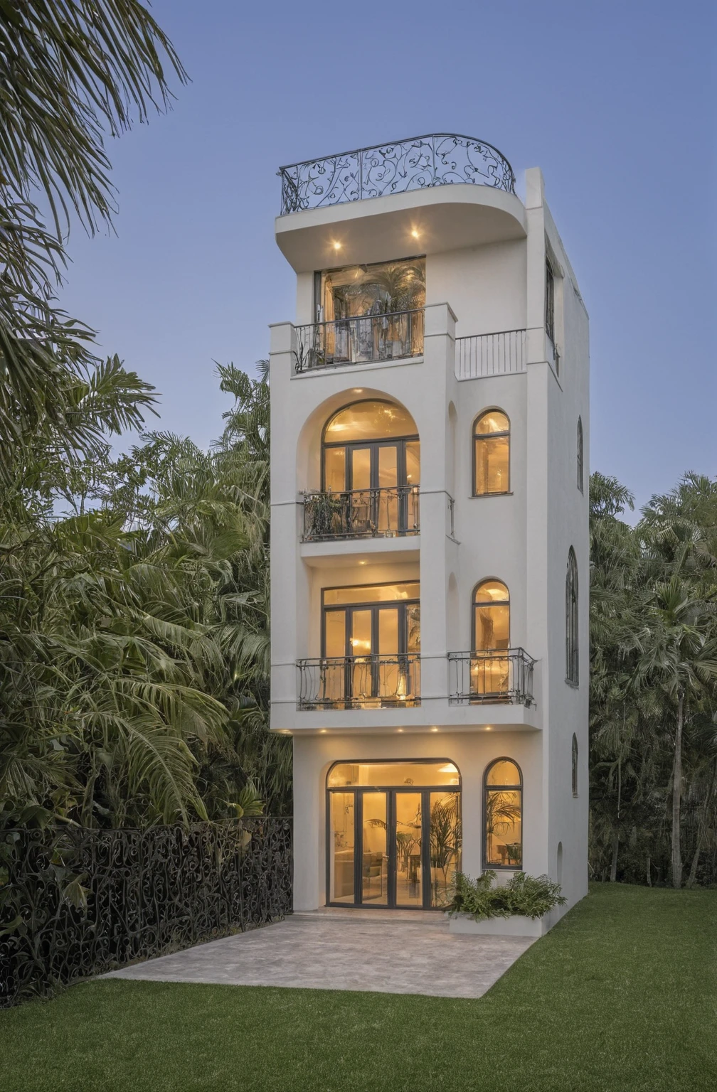 RAW photo,Masterpiece, high quality, best quality, authentic, super detail, modern house,
exterior, modern house with Modern house, with soft curves, Curved wall,iron railings, glass doors, wall threads, white, gray tones, The balcony on the 1st floor is made of bricks, the wall line, the balcony on the 2nd floor and the terrace are made of iron railings, painted black, tropical trees
daylight, archdaily architecture, (high detailed :1.2), 8k uhd, dslr, soft lighting, high quality, film grain, Fujifilm XT3