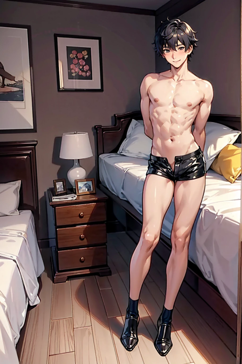 masterpiece, Highest quality, beautiful boy anime face, sweet, 19 old a boy, gay anime hentai, tall boy, no underwear, bedroom alone, sexy pose, blushing and smile face, shirtless body, short hair, black eyes, leather shorts, want sex, prostitute boy, full body, crotch emphasis, crotch touching