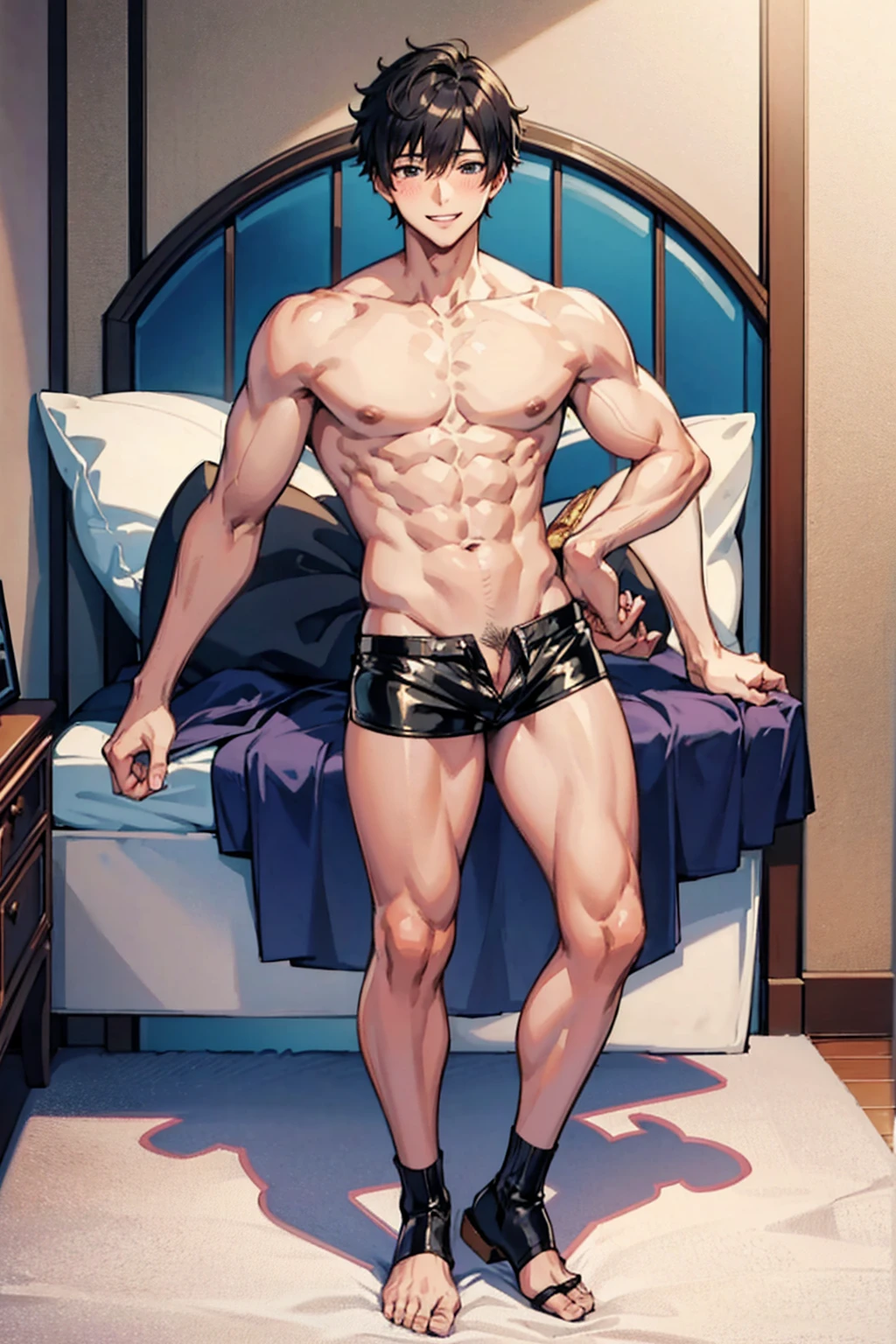 masterpiece, Highest quality, beautiful boy anime face, sweet, 19 old a boy, gay anime hentai, tall boy, no underwear, bedroom alone, sexy pose, blushing and smile face, shirtless body, short hair, black eyes, leather shorts, want sex, prostitute boy, full body, crotch emphasis, crotch touching