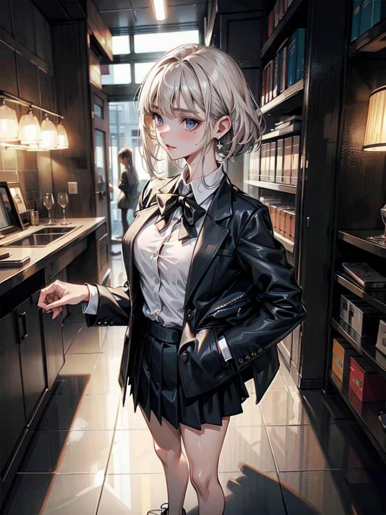 absurdres, RAW photo, extremely delicate and beautiful, masterpiece, Best Quality, ultra high resolution, 32k, hyperrealistic, ultra-detailed, perfect figure, Perfect Style, Perfect balance, in her 20s, very small head, very small face, delicate facial features, tearful mole, earring, very huge breasts, full body shot, bare legs, medium hair, black hair, (business suit), open jacket, (blouse), short skirt,