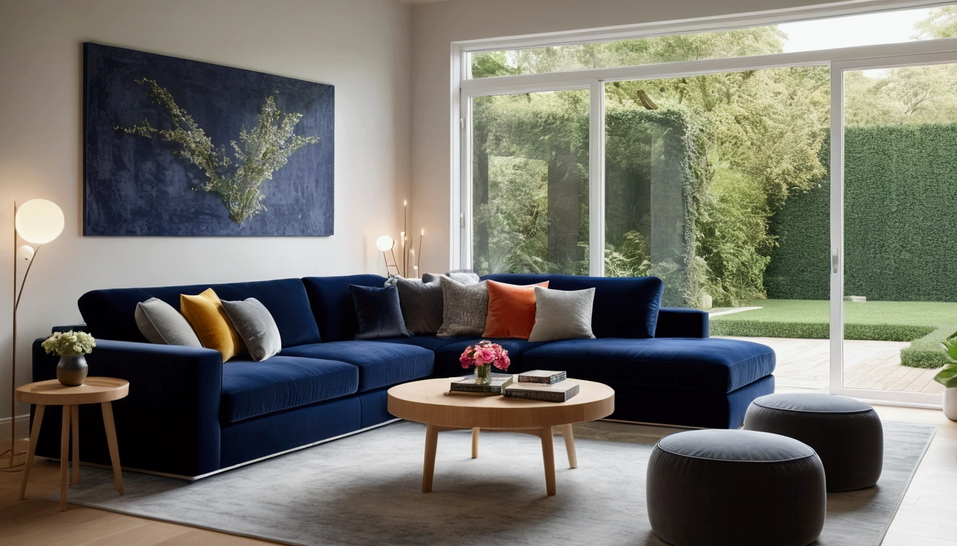 ((best quality)), ((masterpiece)), (detailed), (colorful) ,A modern living room with soft, neutral walls. A large navy velvet sofa with gray and silver cushions faces a light wood coffee table with a book and candle. Soft overhead lighting and a white wool rug create warmth. Large windows provide natural light and a view of a lush garden. (Best quality,Ultra-detailed,Realistic:1.37),Warm color tones,Soft lighting