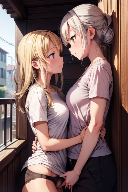 NSFW、(Anatomically correct、Masterpiece、Highest quality、Tabletop、Detailed construction)、(((Two beautiful girls, one with silver hair and the other with blonde hair and dark skin.)))、White shirt、(((Lesbian、Touching each other's crotches)))、(((Sweat)))、(((body fluid)))、(((Body odor、Sweat染み)))、(((pussy)))、(((Love juice)))、(((Fingering)))、((Pubic hair))、(((Gazing at each other)))、